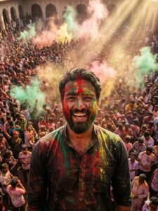 Holi Festival Crowd Cinematic Wide Shot Prompt
