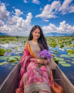 Lotus Lake Wooden Boat Portrait prompt