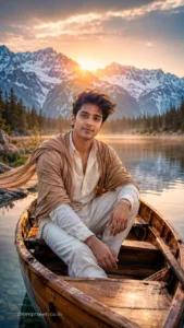 Sunrise Wooden Boat Mountain Lake Portrait prompt