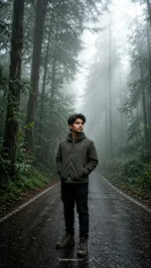 Misty Forest Road Portrait Scene