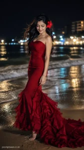 Elegant Red Mermaid Gown Beach Portrait